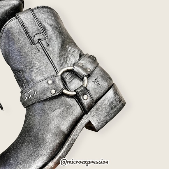 $429 Frye Billy Metallic Silver Chain Black Leather Cowboy Motorcycle Ankle Boot - Picture 14 of 16